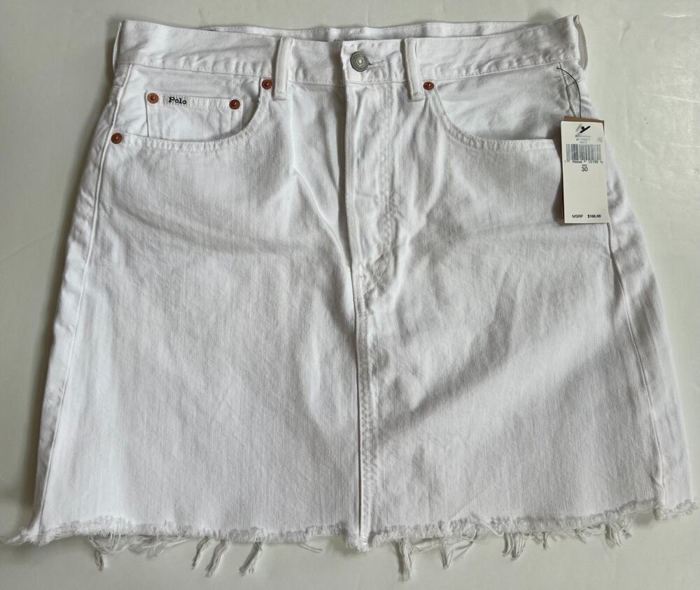 Polo Ralph Lauren White Distressed Hem Short Denim Skirt Women Size 30 NWT $168 - Picture 1 of 13